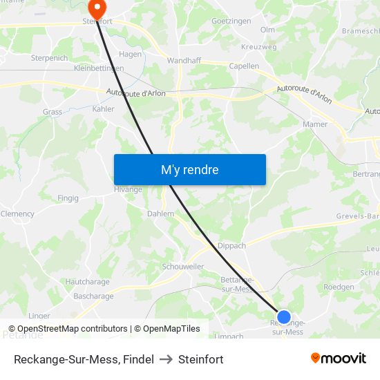 Reckange-Sur-Mess, Findel to Steinfort map