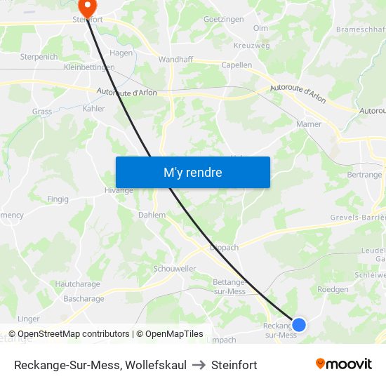 Reckange-Sur-Mess, Wollefskaul to Steinfort map