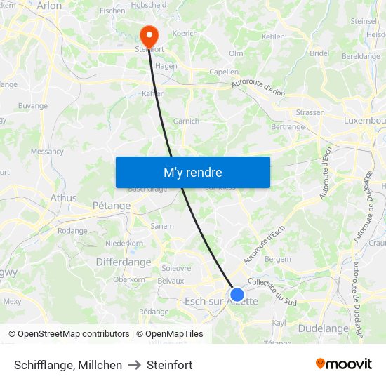 Schifflange, Millchen to Steinfort map