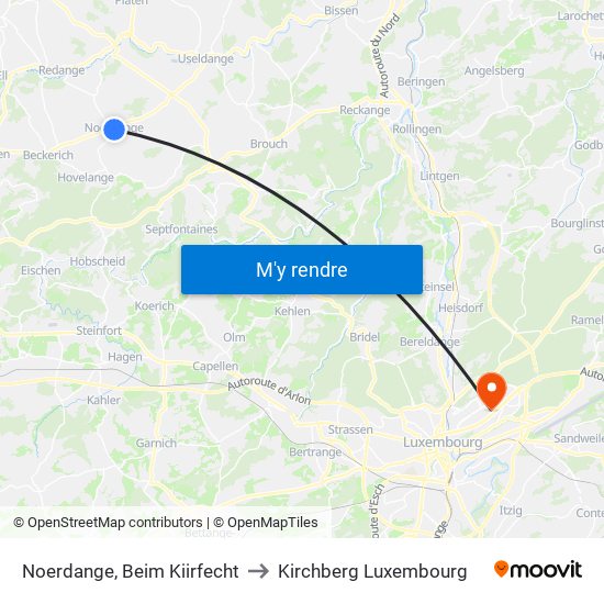 Noerdange, Beim Kiirfecht to Kirchberg Luxembourg map