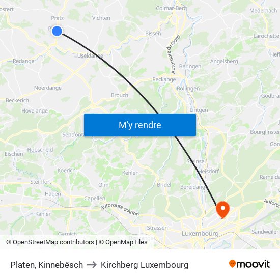 Platen, Kinnebësch to Kirchberg Luxembourg map
