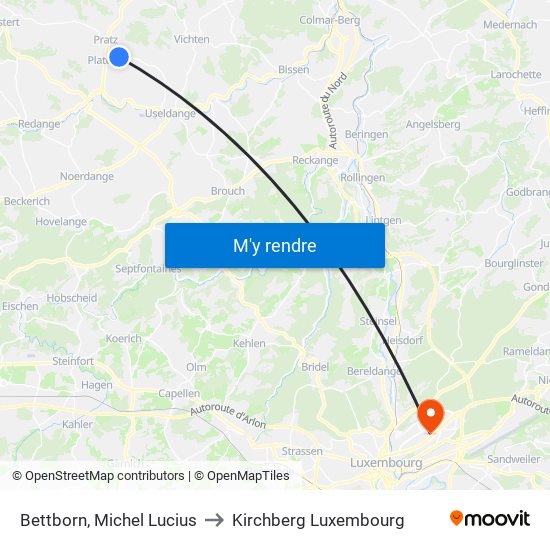 Bettborn, Michel Lucius to Kirchberg Luxembourg map