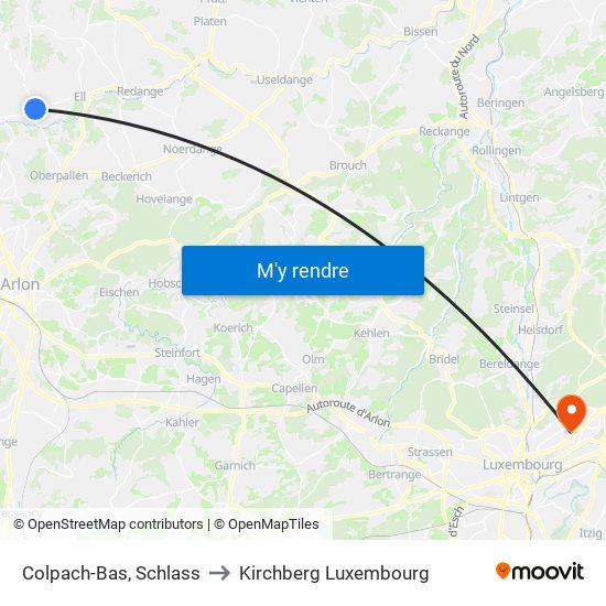 Colpach-Bas, Schlass to Kirchberg Luxembourg map