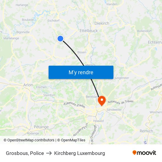 Grosbous, Police to Kirchberg Luxembourg map