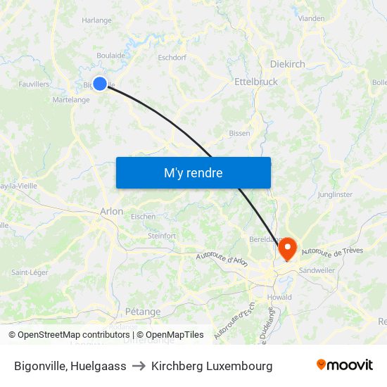 Bigonville, Huelgaass to Kirchberg Luxembourg map