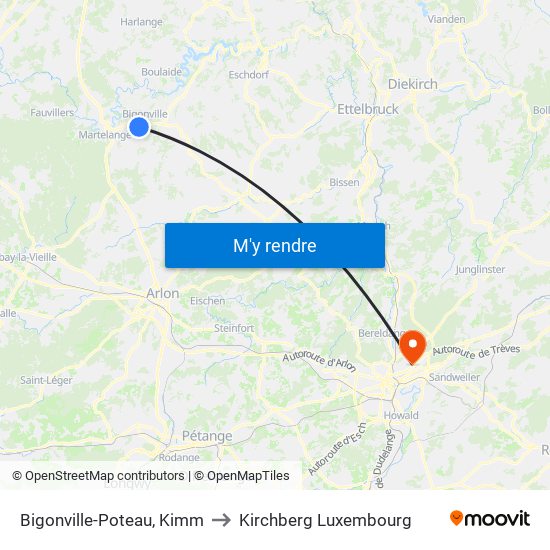 Bigonville-Poteau, Kimm to Kirchberg Luxembourg map