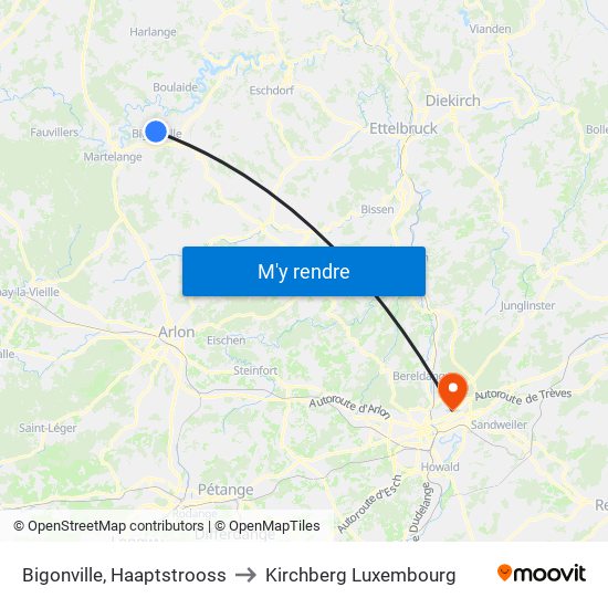 Bigonville, Haaptstrooss to Kirchberg Luxembourg map