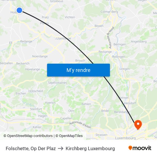 Folschette, Op Der Plaz to Kirchberg Luxembourg map