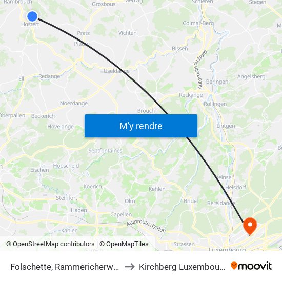 Folschette, Rammericherwee to Kirchberg Luxembourg map