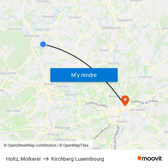 Holtz, Molkerei to Kirchberg Luxembourg map