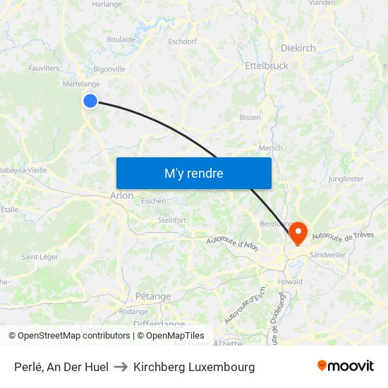 Perlé, An Der Huel to Kirchberg Luxembourg map