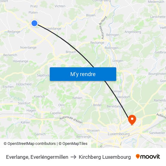 Everlange, Everléngermillen to Kirchberg Luxembourg map