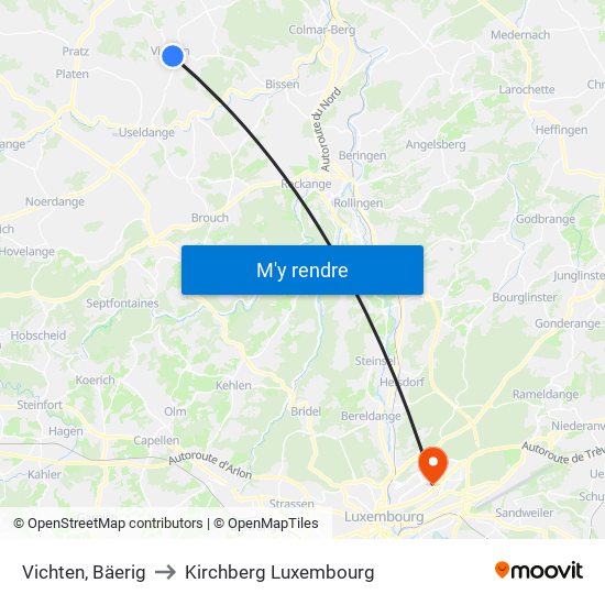 Vichten, Bäerig to Kirchberg Luxembourg map