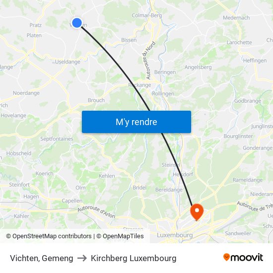 Vichten, Gemeng to Kirchberg Luxembourg map