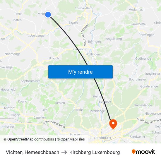 Vichten, Hemeschbaach to Kirchberg Luxembourg map