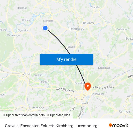 Grevels, Eneschten Eck to Kirchberg Luxembourg map