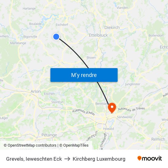Grevels, Ieweschten Eck to Kirchberg Luxembourg map