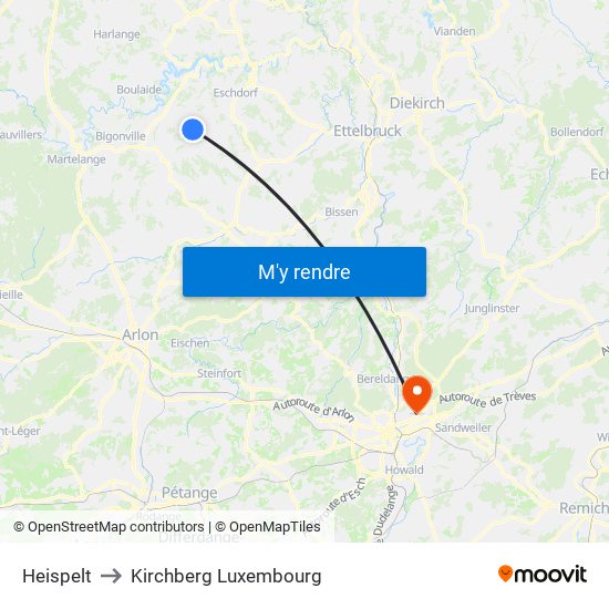 Heispelt to Kirchberg Luxembourg map