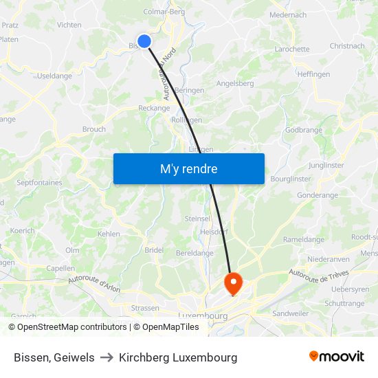 Bissen, Geiwels to Kirchberg Luxembourg map