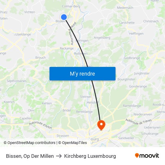 Bissen, Op Der Millen to Kirchberg Luxembourg map