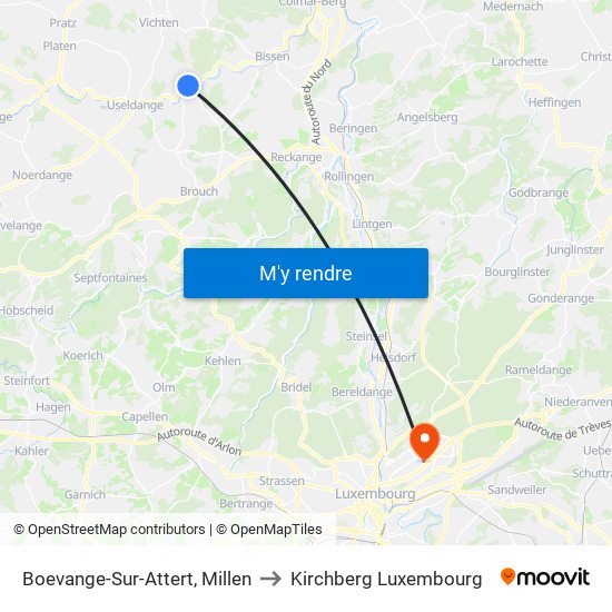 Boevange-Sur-Attert, Millen to Kirchberg Luxembourg map