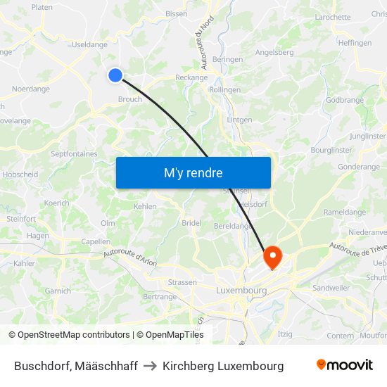 Buschdorf, Määschhaff to Kirchberg Luxembourg map