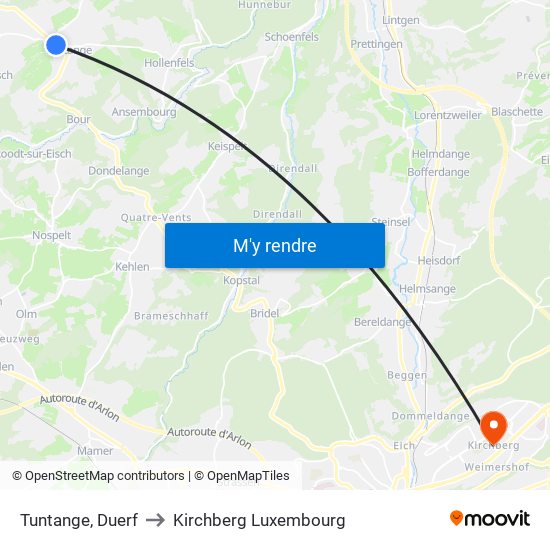 Tuntange, Duerf to Kirchberg Luxembourg map