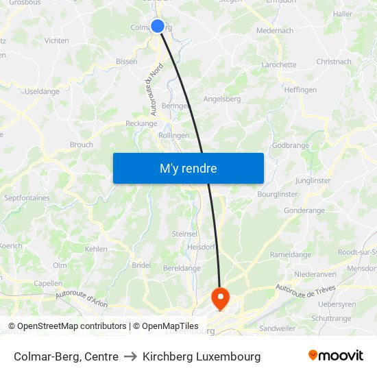 Colmar-Berg, Centre to Kirchberg Luxembourg map