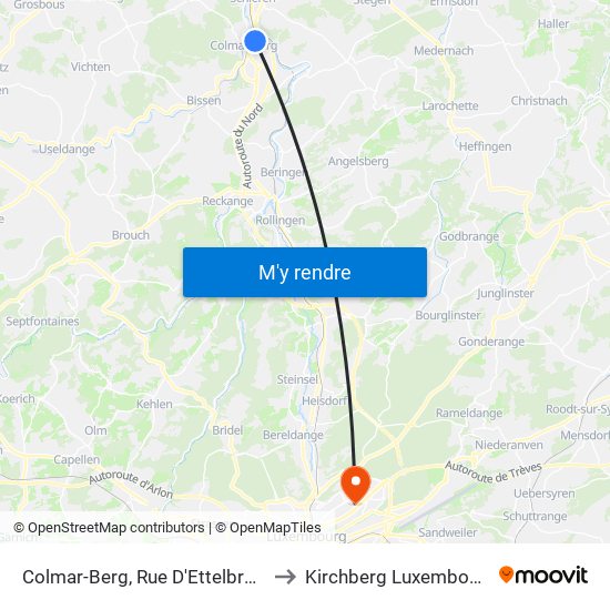 Colmar-Berg, Rue D'Ettelbruck to Kirchberg Luxembourg map
