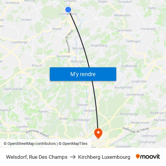 Welsdorf, Rue Des Champs to Kirchberg Luxembourg map