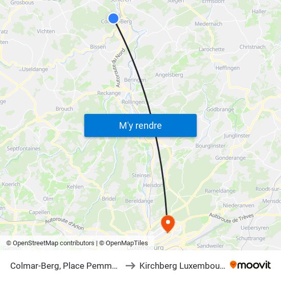Colmar-Berg, Place Pemmers to Kirchberg Luxembourg map