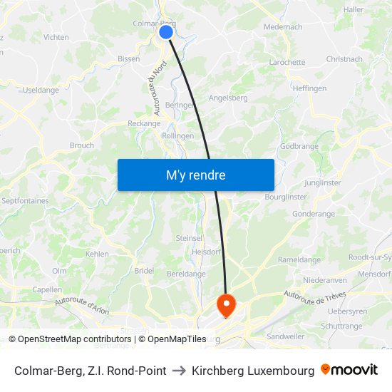 Colmar-Berg, Z.I. Rond-Point to Kirchberg Luxembourg map