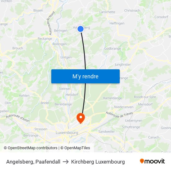 Angelsberg, Paafendall to Kirchberg Luxembourg map