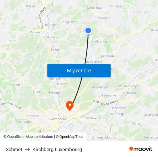 Schmët to Kirchberg Luxembourg map