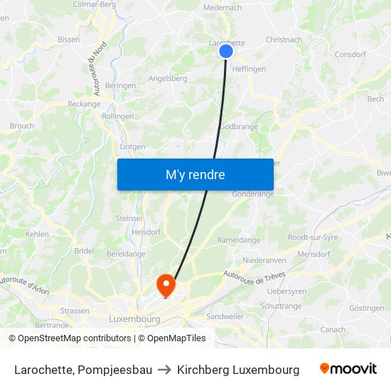 Larochette, Pompjeesbau to Kirchberg Luxembourg map