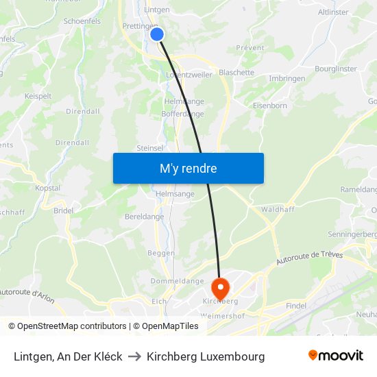 Lintgen, An Der Kléck to Kirchberg Luxembourg map