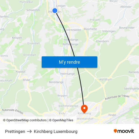 Prettingen to Kirchberg Luxembourg map