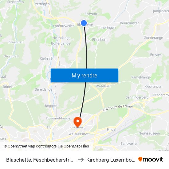 Blaschette, Fëschbecherstrooss to Kirchberg Luxembourg map