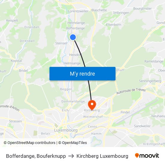 Bofferdange, Bouferknupp to Kirchberg Luxembourg map
