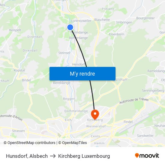 Hunsdorf, Alsbech to Kirchberg Luxembourg map