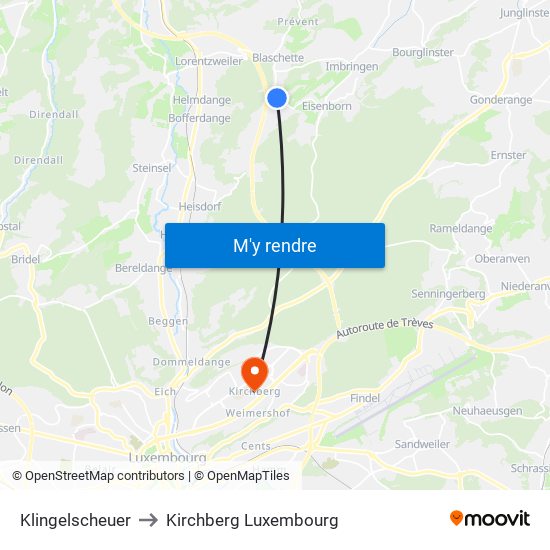 Klingelscheuer to Kirchberg Luxembourg map