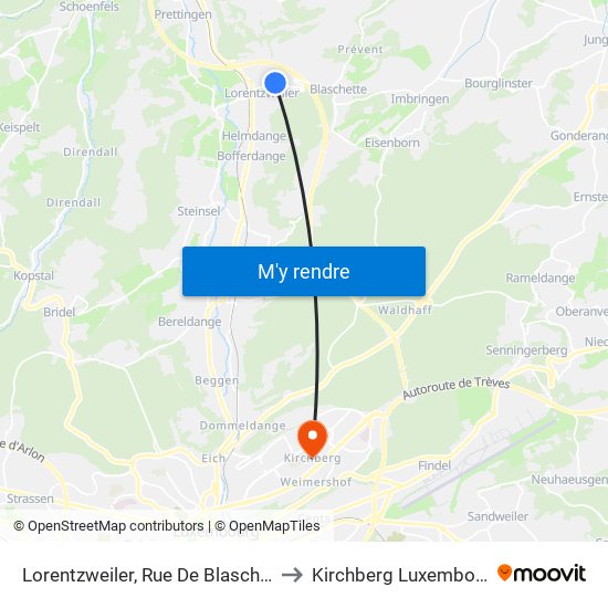 Lorentzweiler, Rue De Blaschette to Kirchberg Luxembourg map
