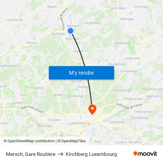 Mersch, Gare Routière to Kirchberg Luxembourg map