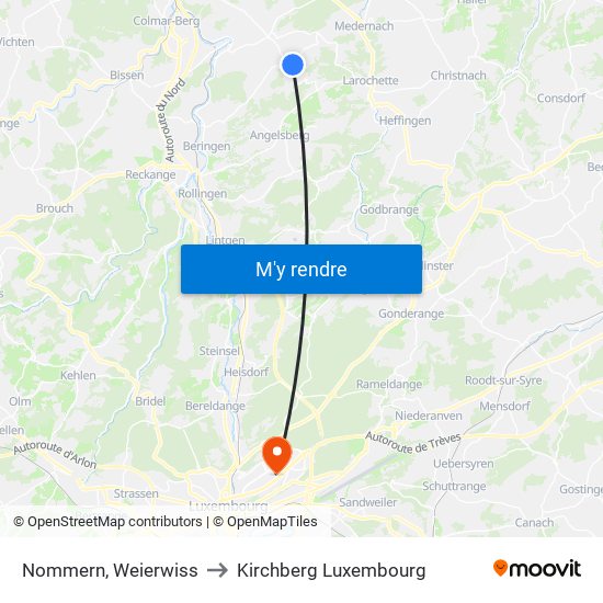 Nommern, Weierwiss to Kirchberg Luxembourg map
