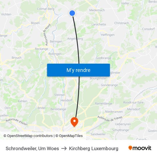 Schrondweiler, Um Woes to Kirchberg Luxembourg map