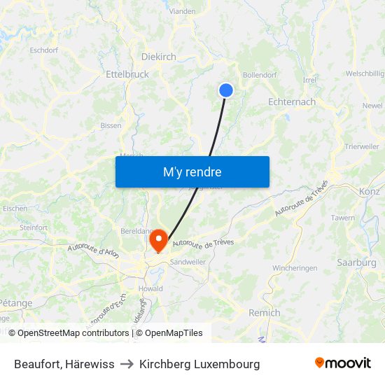 Beaufort, Härewiss to Kirchberg Luxembourg map