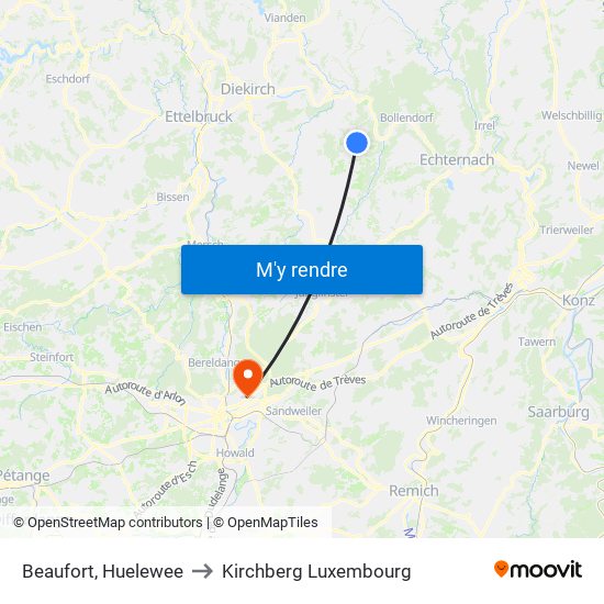 Beaufort, Huelewee to Kirchberg Luxembourg map