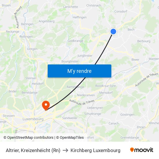 Altrier, Kreizenhéicht (Rn) to Kirchberg Luxembourg map