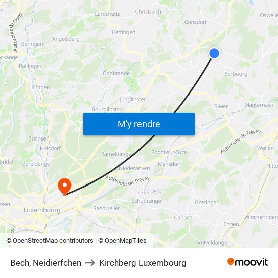 Bech, Neidierfchen to Kirchberg Luxembourg map