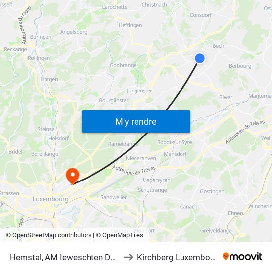 Hemstal, AM Ieweschten Duerf to Kirchberg Luxembourg map